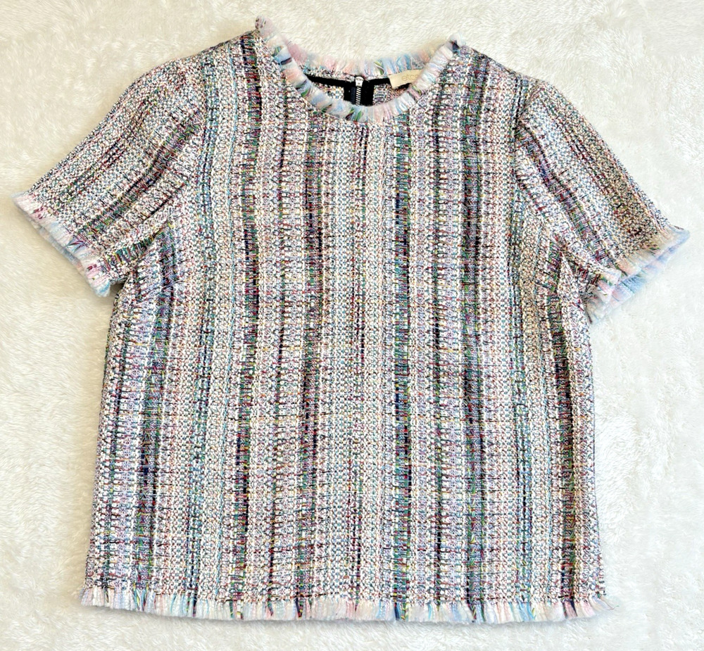 Etcetera Tweed Stripe Short Sleeve Back Zip Multicolor Top Small Raw Edge